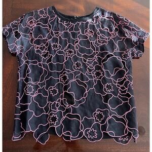Diane von Furstenberg Sheer Silk Black & Pink Short Sleeve Size 4 Blouse Top